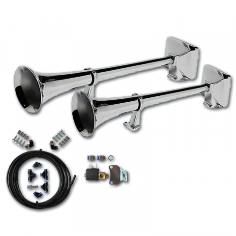 Dispozitive Avertizare - Claxoane Pneumatice, 24V, 12.5 cm diametru, 48/56 cm lungime, Cromate, Set de 2