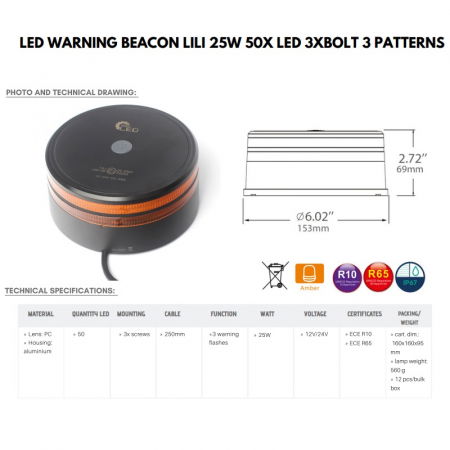 Girofar de avertizare led 25W, 50x led, 3 x suruburi, 12  24V, 3 functii - Truck LED ALR0081 [3]