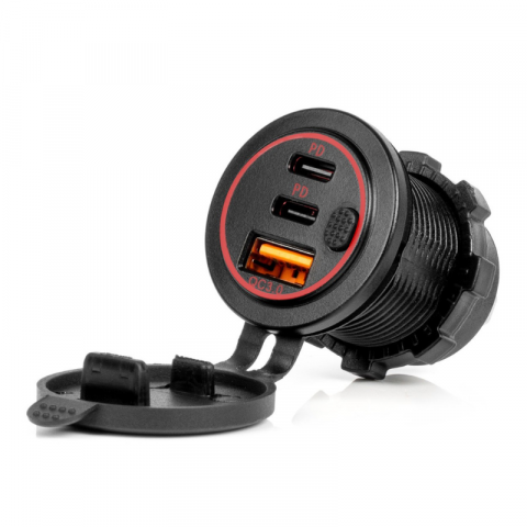 Electrice auto, camioane si remorci - Incarcator Auto Incastrabil 12/24V, USB + 2x USB-C QC3.0, LED Rosu, Impermeabil