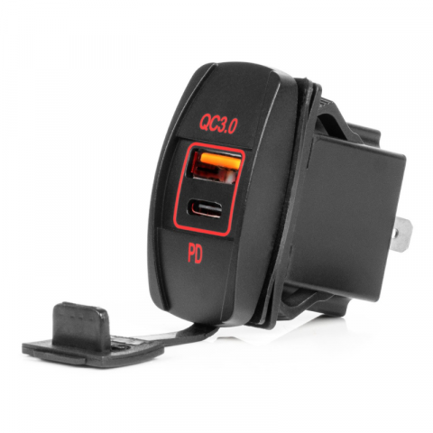 Electrice auto, camioane si remorci - Priza USB + USB-C QC3.0 Incastrabila Auto/Barca, Impermeabila, LED Rosu, 12V/24V