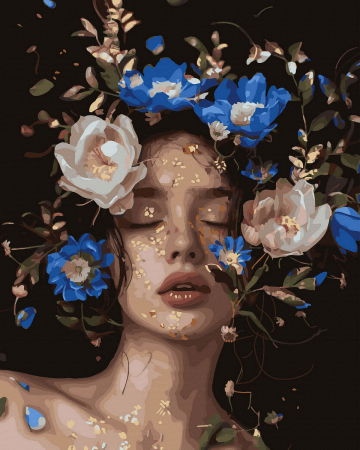 Aurii & metalizate - Set pictura pe numere, cu sasiu, Fata cu bujori 6 - canvas negru, 40x50 cm