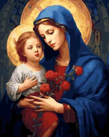 Aurii & metalizate - Set pictura pe numere, cu sasiu, Fecioara cu prunc - vopsea aurie, 40x50 cm