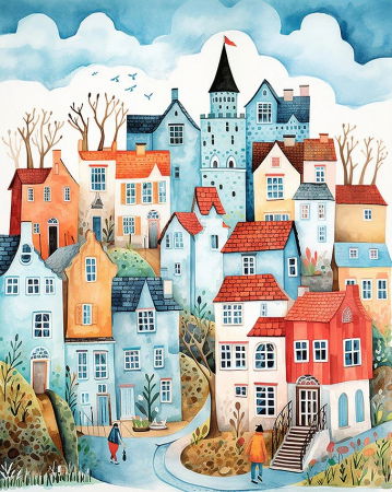 Dimensiune clasica 40x50cm - Set pictura pe numere, cu sasiu, Orasel incantator bleu, 40x50 cm