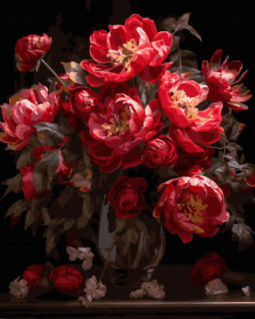 Dimensiune clasica 40x50cm - Set pictura pe numere, cu sasiu, Bujori rosii, 40x50 cm