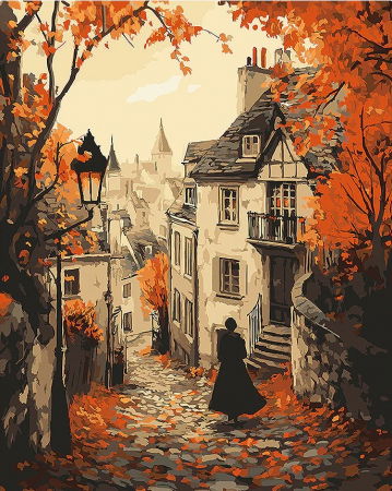 Dimensiune clasica 40x50cm - Set pictura pe numere, cu sasiu, Plimbare toamna in oras, 40x50 cm