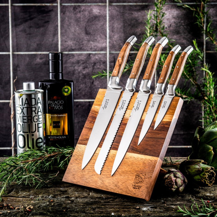 Set 5 cutite de bucatarie cu suport magnetic din lemn de maslin Laguiole Style de Vie Luxury Line KOKSMESSETOLIJF [3]
