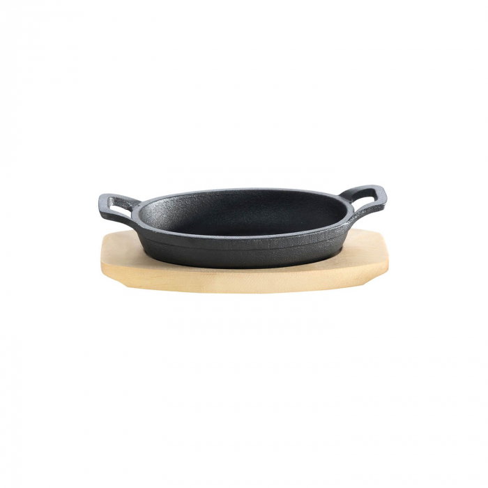 Tava ovala din fonta cu suport de lemn pentru servire 21 x 15,5 cm 0,75 litri ALL GRILL 9705 [3]