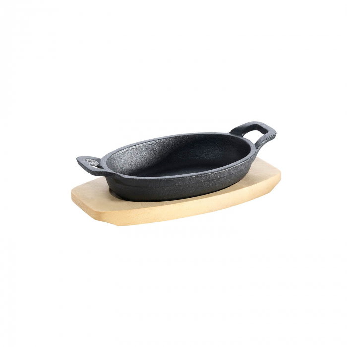 Tava ovala din fonta cu suport de lemn pentru servire 21 x 15,5 cm 0,75 litri ALL GRILL 9705 [1]