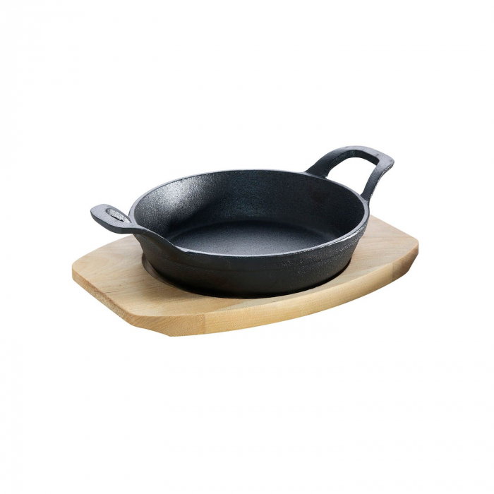 Tava rotunda din fonta cu suport de lemn pentru servire 15 cm 0,5 litri ALL GRILL 9703 [1]