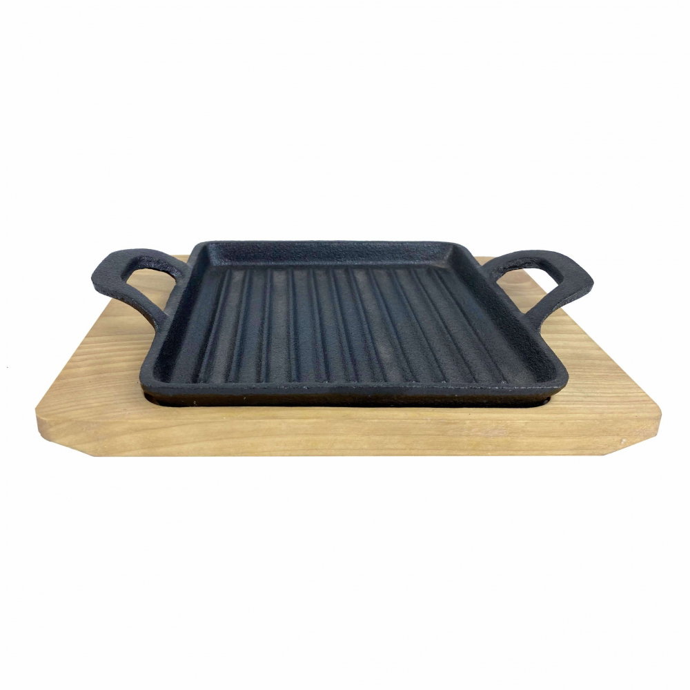 Tigaie grill din fonta cu suport de lemn pentru servire 19,5 x 14 cm ALL GRILL 9713 [1]