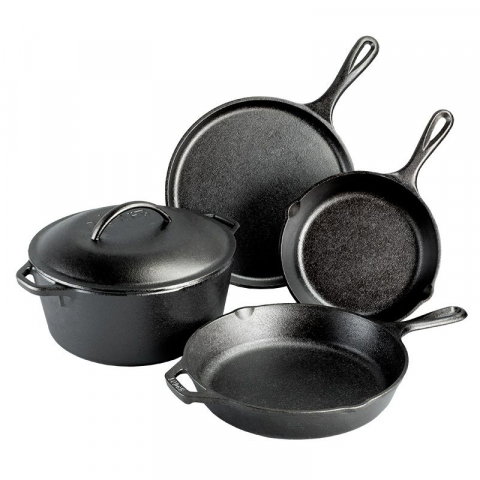 VASE DE GĂTIT - Set 5 vase din fonta contine ceaun cu capac de 4,7 litri, tigaie clatite, tigaie de 20,3 cm, tigaie 26 cm Lodge L-5HS3