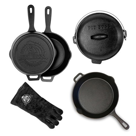 VASE DE GĂTIT - Set 6 piese vase de gatit din fonta si manusi termorezistente din piele Pit Boss 40266