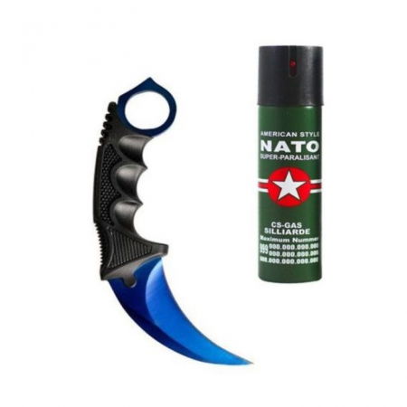 Seturi & accesorii autoaparare - Set format din Karambit albastru, teaca din plastic si spray Nato paralizant 60 ml