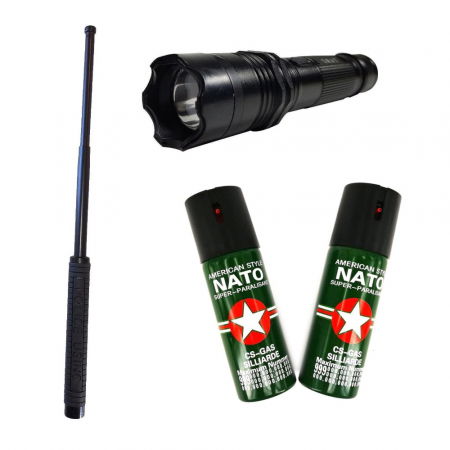 Seturi & accesorii autoaparare - Kit autoaparare Baston Telescopic, Lanterna Electrosoc cu laser si 2 Spray-uri Nato