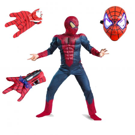 Costume si seturi pentru copii - Set costum Spiderman cu muschi, 2 lansatoare si masca plastic LED, rosu, 3-5 ani, 100-110 cm
