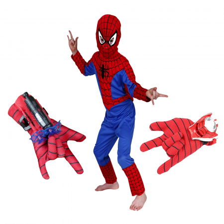 Costume si seturi pentru copii - Set costum Spiderman, manusa cu ventuze si manusa cu discuri, 120-130 cm, 7-9 ani