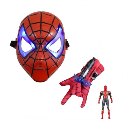 Accesorii costume copii - Set mască din plastic, mănușă cu ventuze și figurină SpiderMan, Mărime Universală, cu LED