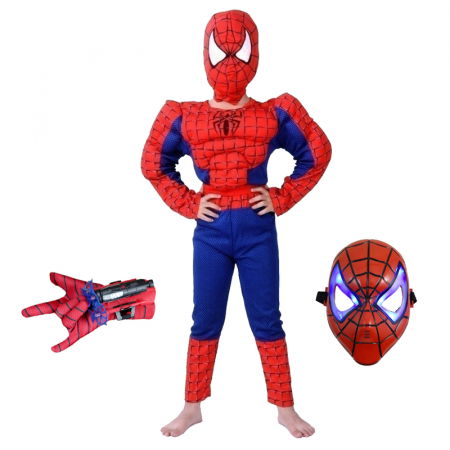 Costume si seturi pentru copii - Set costum clasic Spiderman cu muschi, rosu, manusa ventuze si masca LED, 3-5 ani, 100-110 cm