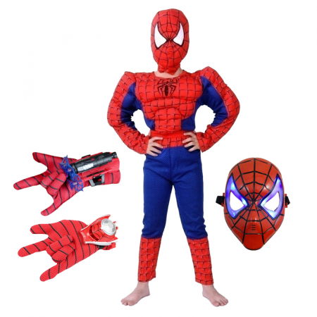 Costume si seturi pentru copii - Set costum clasic Spiderman cu muschi, manusa ventuze, discuri si masca LED, 110-120 cm, 5-7 ani