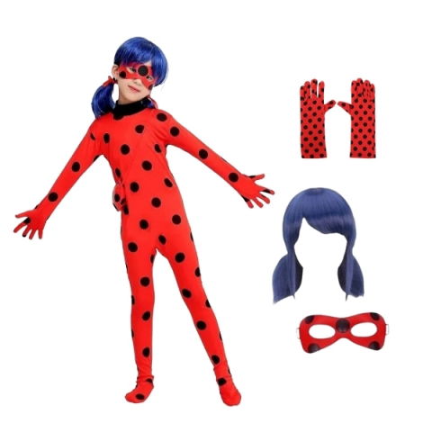 Costume si seturi pentru copii - Set costum copii Buburuza – tip combinezon rosu, cu masca, peruca si manusi, marime 110-120 cm, 5-7 ani