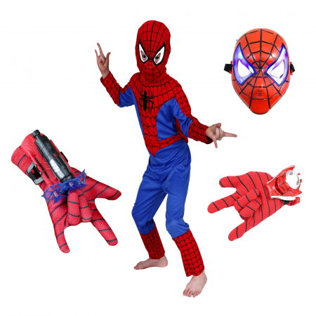 Costume si seturi pentru copii - Set costum Spiderman, doua lansatoare si masca plastic LED, rosu, 100-110 cm, 3-5 ani