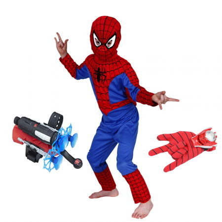 Costume si seturi pentru copii - Set costum Spiderman lansator cu ventuze si manusa cu discuri, 100-110 cm, 3-5 ani