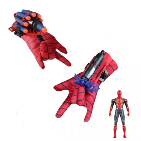 Accesorii costume copii - Set Manusa proiectile burete si Manusa cu ventuze si figurina Spiderman, IdeallStore®, Rosu