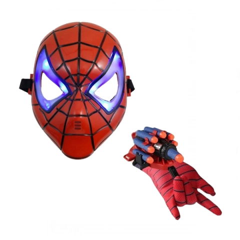 Accesorii costume copii - Set masca si manusa lansator cu 7 ventuze din burete SpiderMan, rosu, tehnologie LED