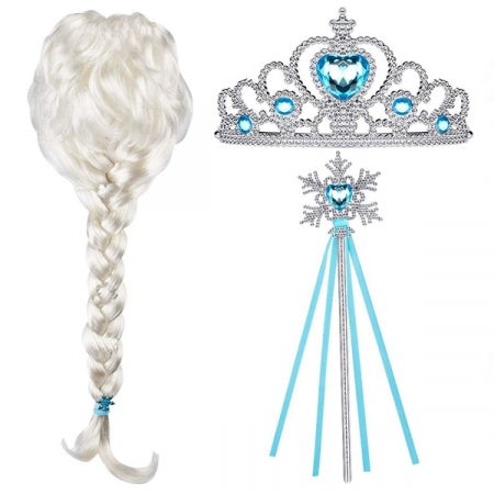 Accesorii costume copii - Set peruca, bagheta, diadema printesa Elsa Frozen, IdeallStore®, Halloween