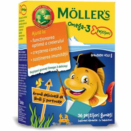 Suplimente alimentare copii - Moller'S Omega-3 Pestisori Gumati Cu Aroma Delicioasa De Lamai Si Portocale, 36 Jeleuri Gumate