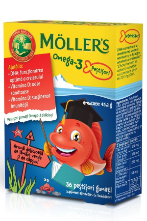 Suplimente alimentare copii - Moller'S Omega-3 Pestisori Gumati Cu Aroma Delicioasa De Lamaie Verde Si De Capsuni, 36 Jeleuri Gumate