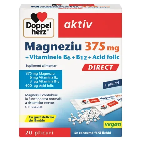 Suplimente alimentare - Magneziu 375Mg Direct+Vitamina B6+B12+Acid Folic X 20 Plicuri