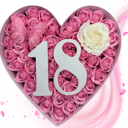 Cadouri aniversare - Aranjament floral 18 ani varsta aniversara cu trandafiri din sapun si cifra 3D cu sclipici, fluturas decorativ