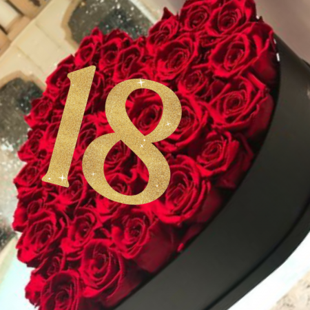 Cadouri aniversare - Aranjament floral 18 ani varsta aniversara cu trandafiri din sapun rosii si cifra 3D cu sclipici