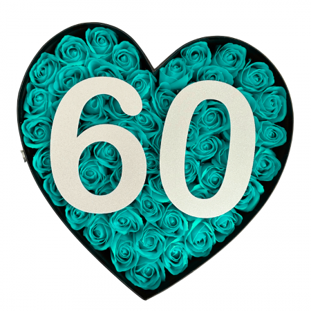 Cadouri aniversare - Aranjament floral 18 ani varsta aniversara cu trandafiri din sapun TURQUAZ si cifra 3D cu sclipici