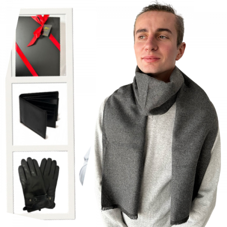 Seturi barbati portofel si curea - Cadoul perfect de Crăciun  pentru barbati - Portofel din piele naturala, esarfa  eleganta de barbati 30x140cm si manusi din piele,  gri 2322N