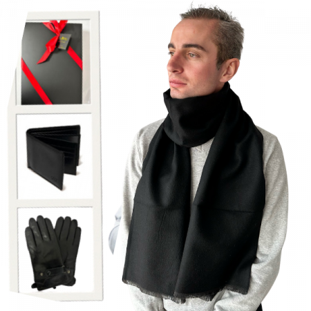 Seturi barbati portofel si curea - Cadoul perfect de Crăciun  pentru barbati - Portofel din piele naturala, esarfa  eleganta de barbati 30x140cm si manusi din piele,  negru 2322N