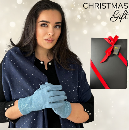 Cadouri aniversare - Cadoul perfect de Craciun  set 2in1 cu manusi si esarfa DIAMOND femei D50314 bleomarin