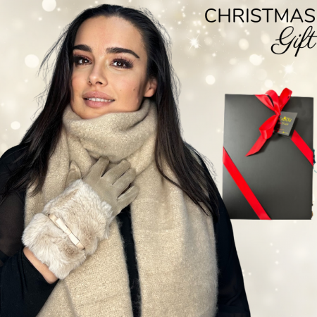 Pachete si seturi cadou femei - Cadoul perfect de Craciun set 2in1 cu manusi si esarfa foarte groasa si calduroasa 50202 crem