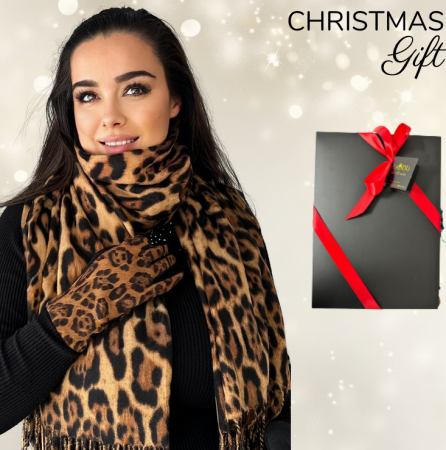 Cadouri aniversare - Cadoul perfect de Craciun set 2in1 cu manusi si esarfa animal print maro 2401300-9