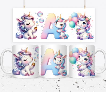 Cadouri copii 7 ani - Cană Unicorn personalizată pentru fetite cu printese  KID1007 litera A