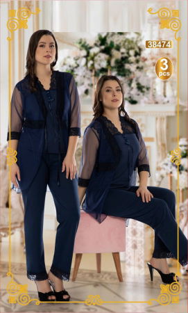 Fashion - Compleu  3 piese, pijamale de dama cu bluza, pantalon si blazer, 38474, bleumarin