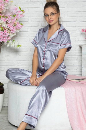 Pijamale de dama - Compleu  2 piese, pijamale cu nasturi din satin gri, 43449