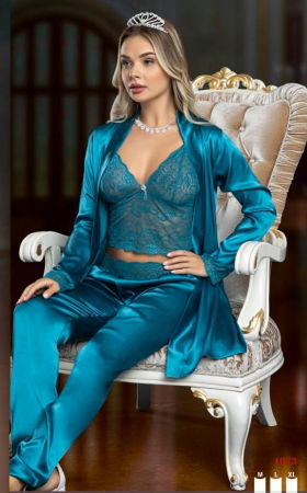 Fashion - Compleu sexy 3 piese, cu pijamale si halat din satin Turqoaz, 1073