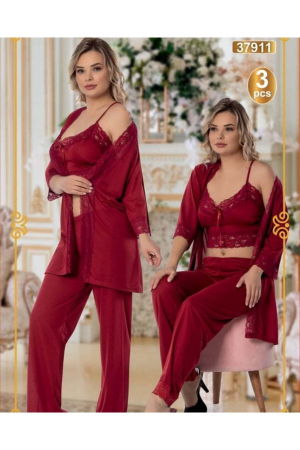 Pijamale de dama - Compleu sexy 3 piese, cu pijamale si halat din satin vișiniu, P37911