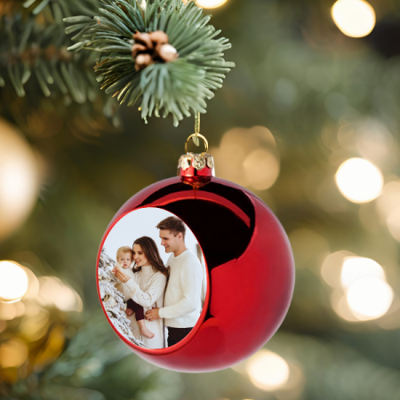 Cadouri copii bebelusi 0+ - Glob rosu pentru brad  personalizat cu poza Ø 6cm