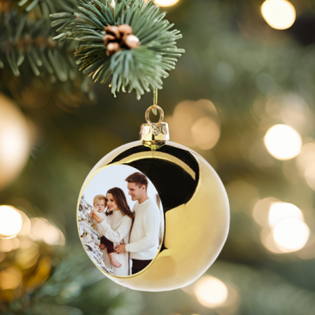 Cadouri copii bebelusi 0+ - Glob auriu pentru brad  personalizat cu poza Ø 6cm