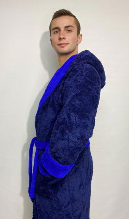 Pijamale de barbati - Halat baie cu gluga pentru barbati, buzunare si cordon in talie, design uni, Cocolino Albastru