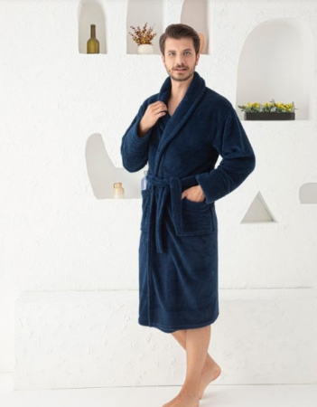 Pijamale de barbati - Halat gros cololino baie pentru barbati, buzunare si cordon in talie, bleomarin