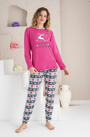 Cadouri aniversare - Pijama FEMEI cu tematica de Craciun, din două piese, Material 100% bumbac, Lux,  2041Roz, model cu reni